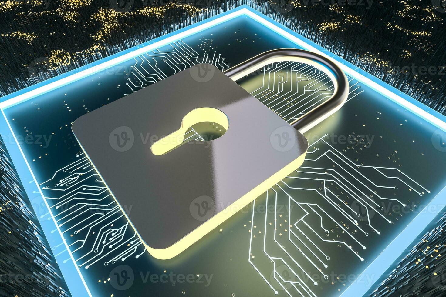3d rendering, metal lock with digital concept background photo