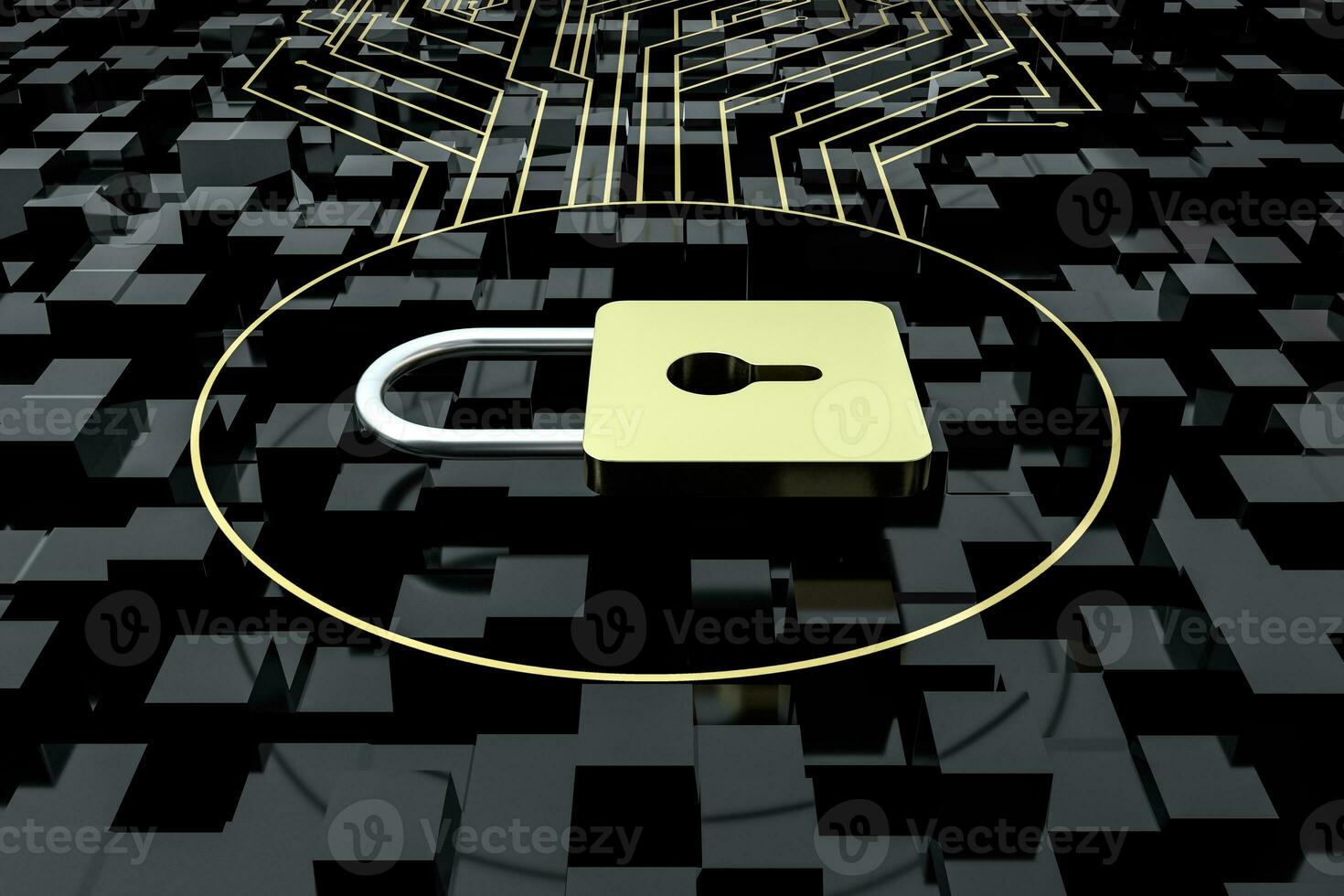 3d rendering, metal lock with digital concept background photo