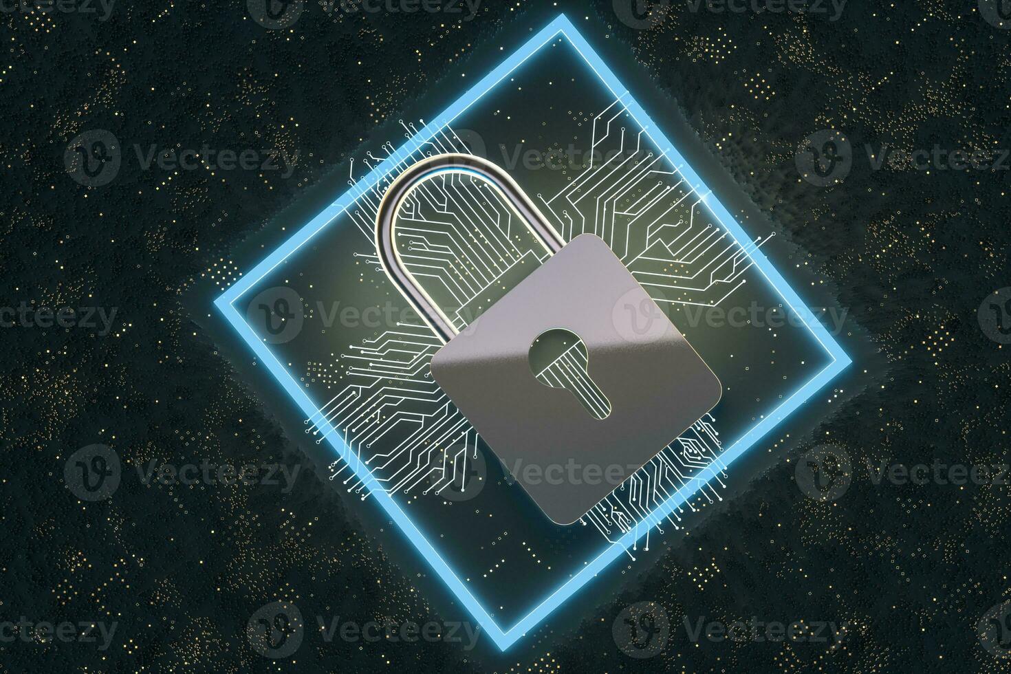 3d rendering, metal lock with digital concept background photo