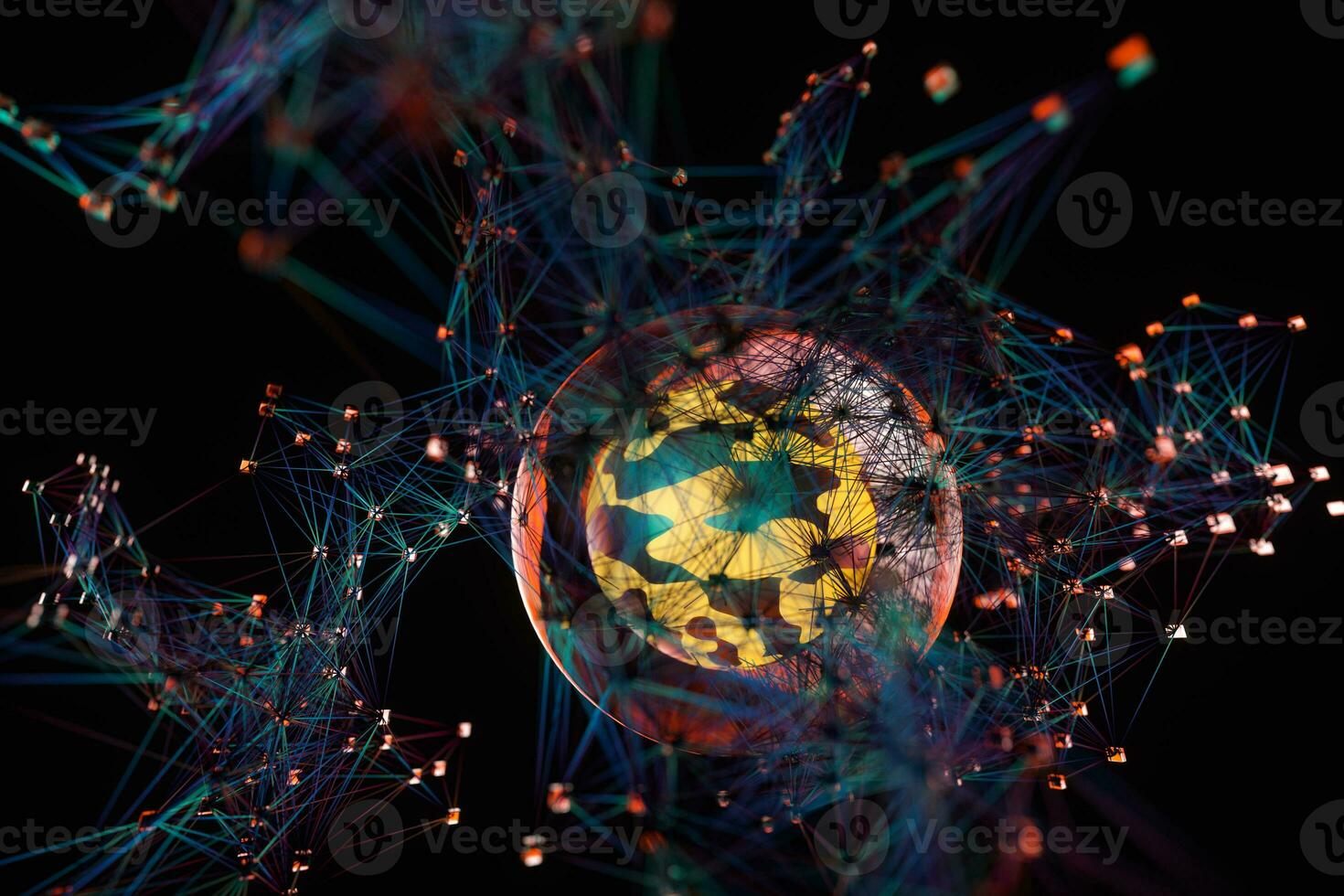 Glowing and magical sphere with connected lines, 3d rendering. photo