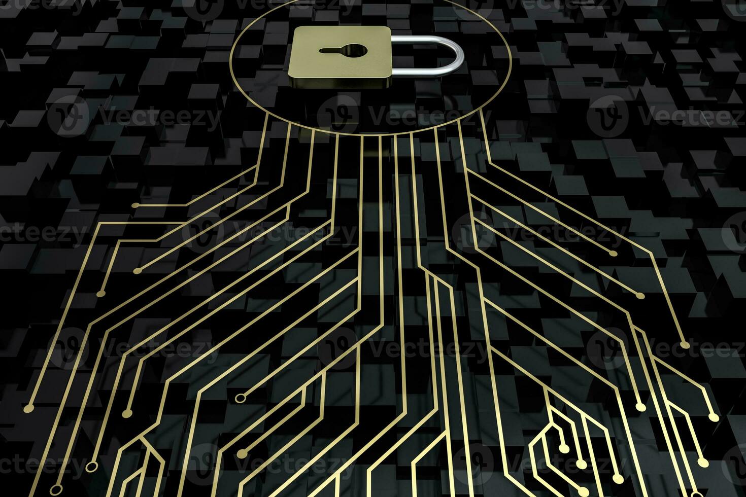 3d rendering, metal lock with digital concept background photo