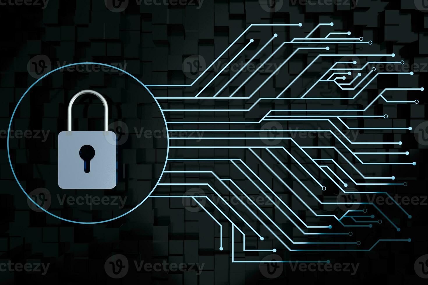 3d rendering, metal lock with digital concept background photo
