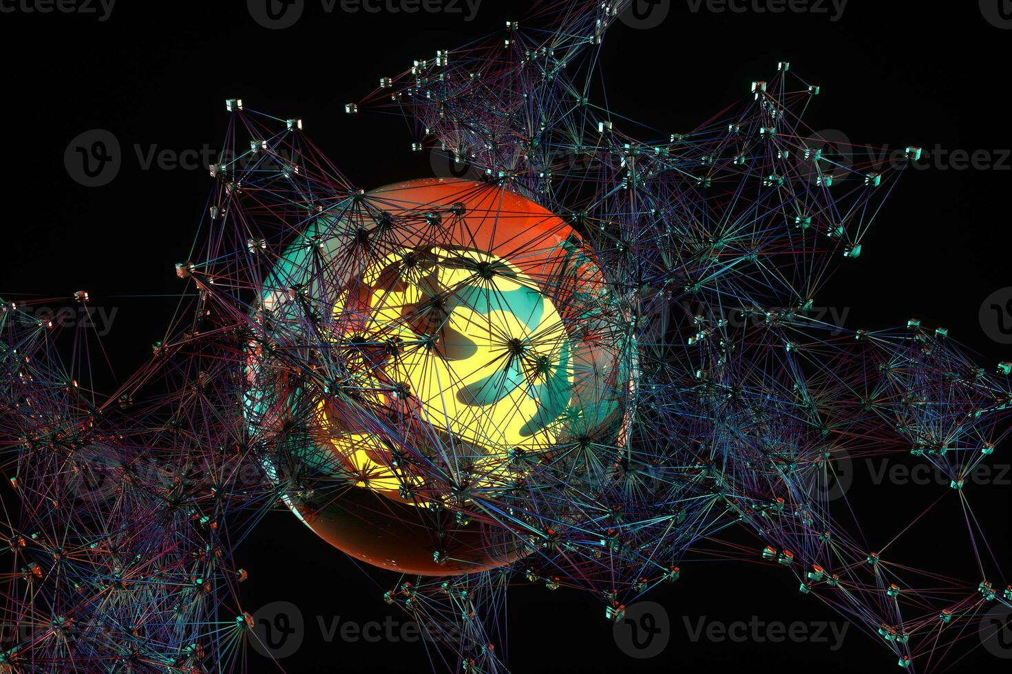 Glowing and magical sphere with connected lines, 3d rendering. photo