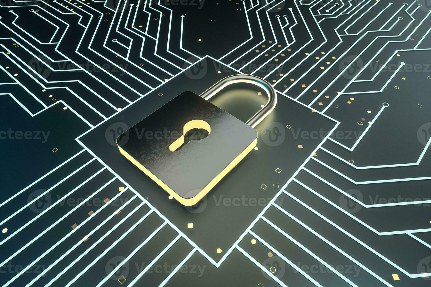 3d rendering, metal lock with digital concept background photo