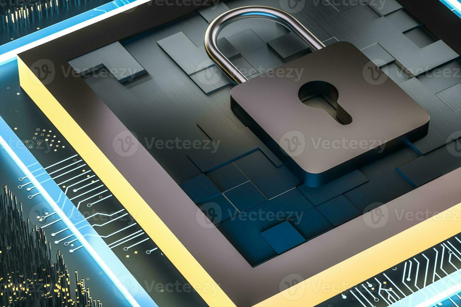 3d rendering, metal lock with digital concept background photo