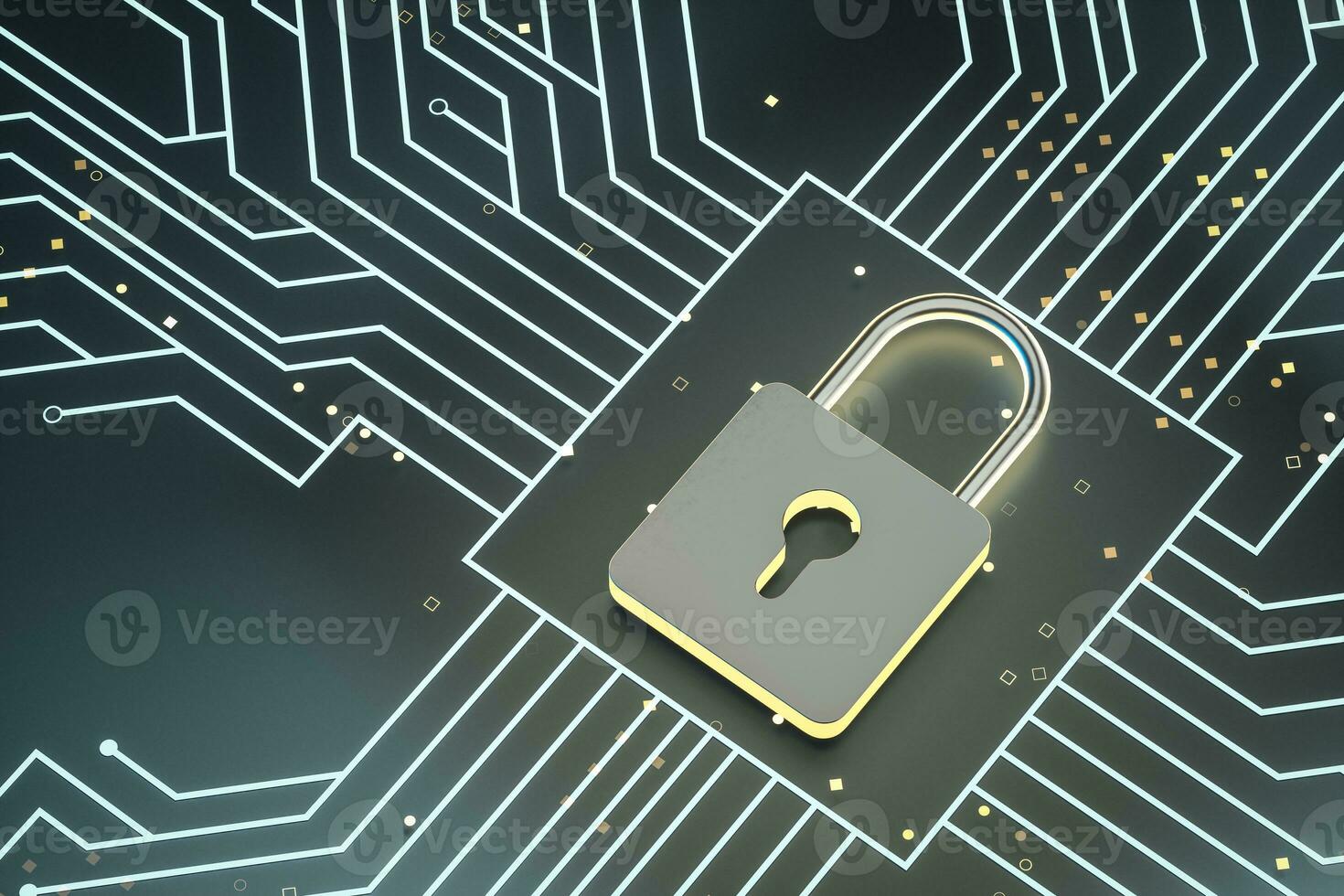 3d rendering, metal lock with digital concept background photo