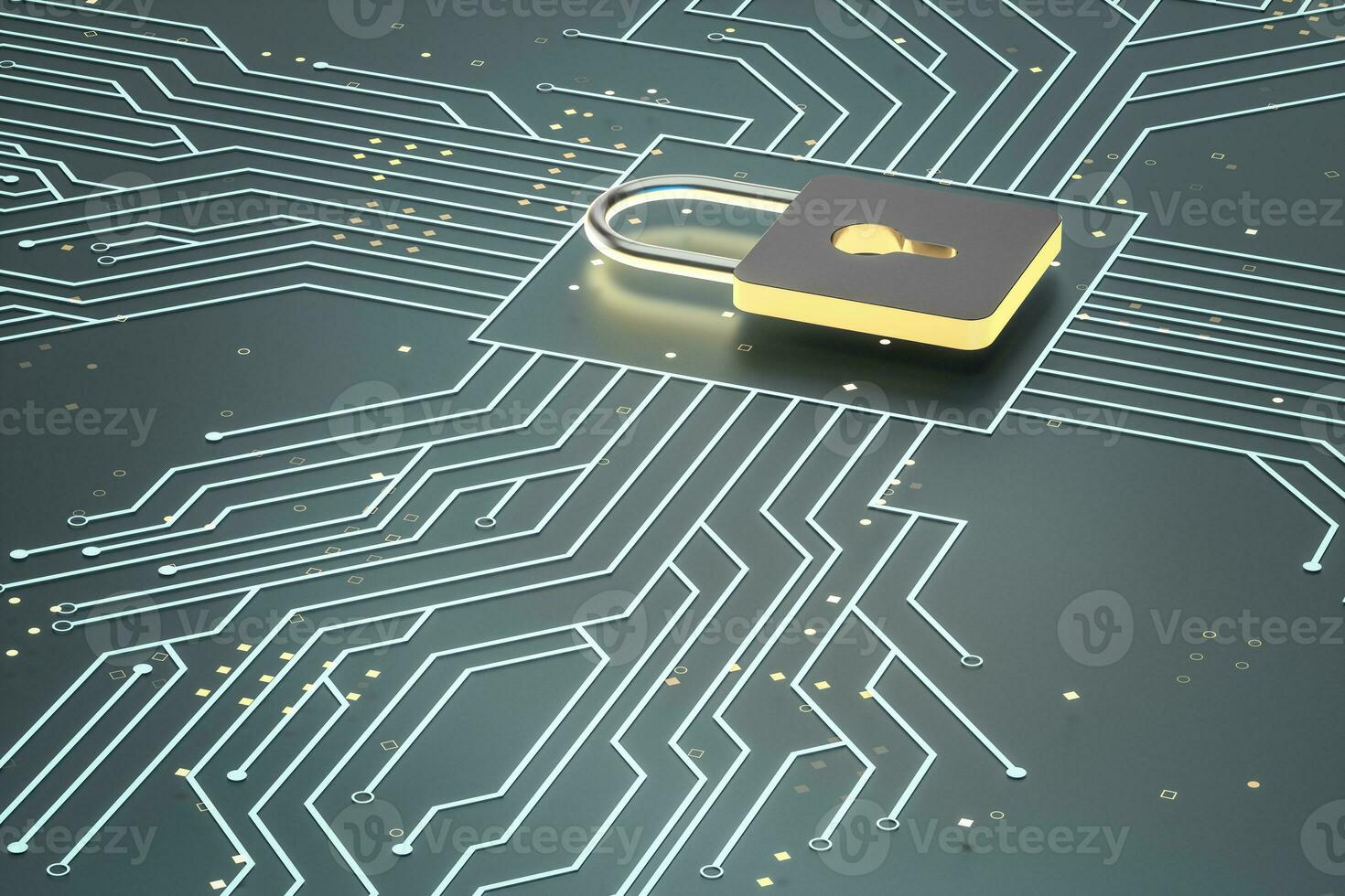 3d rendering, metal lock with digital concept background photo