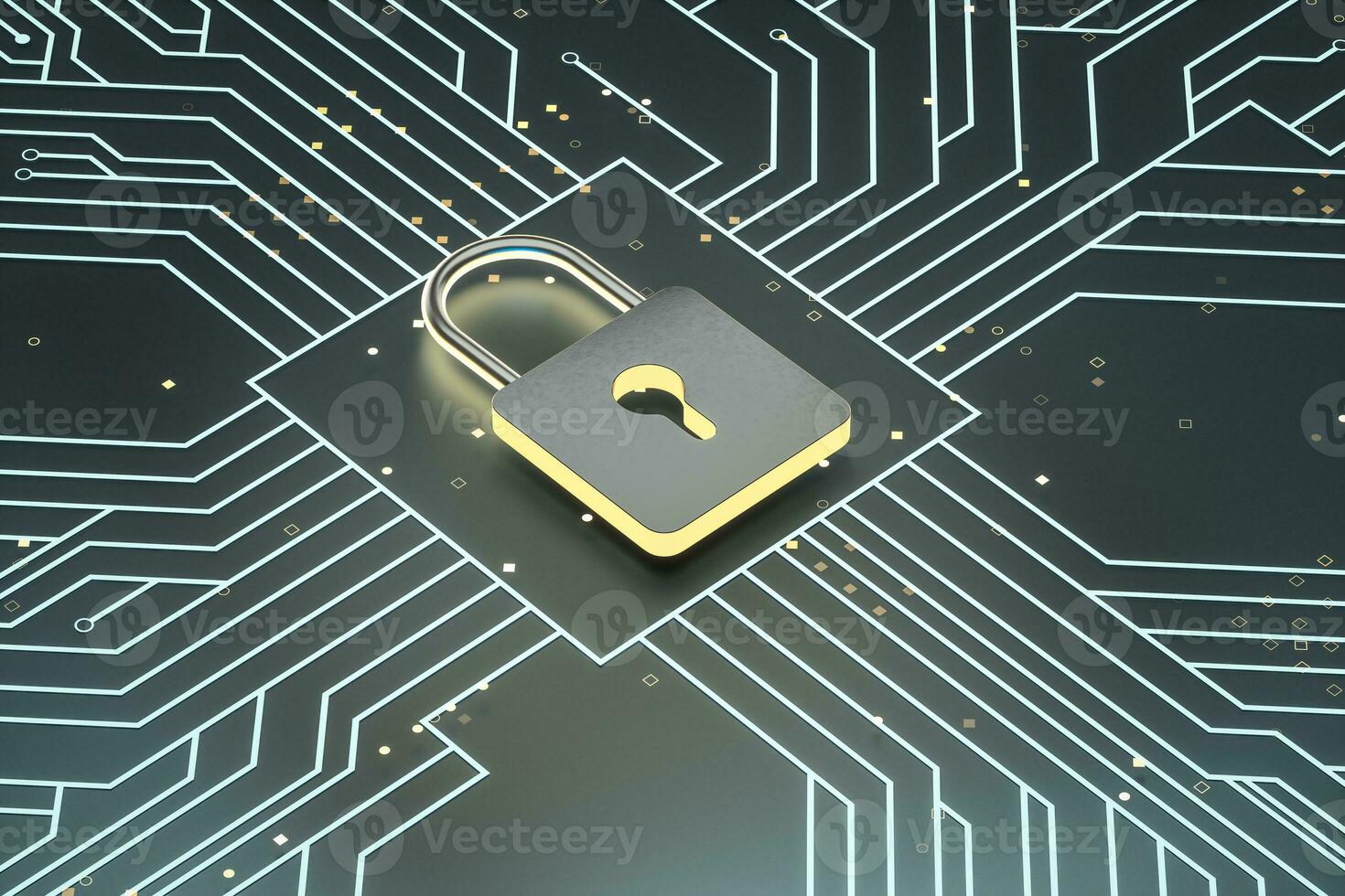 3d rendering, metal lock with digital concept background photo