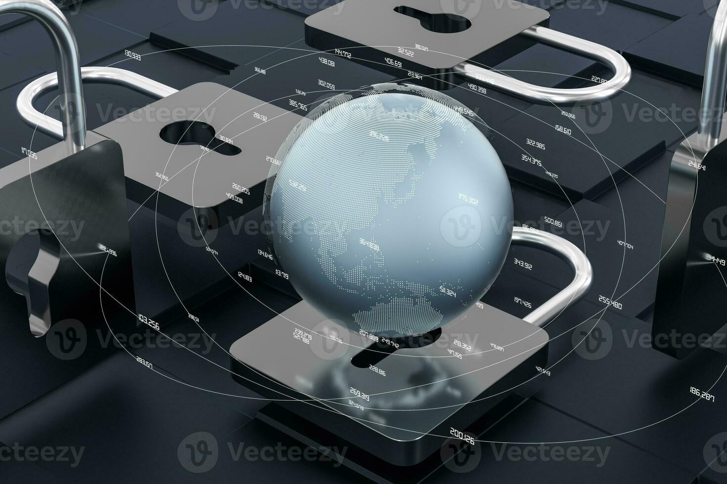 3d rendering, metal lock with digital concept background photo
