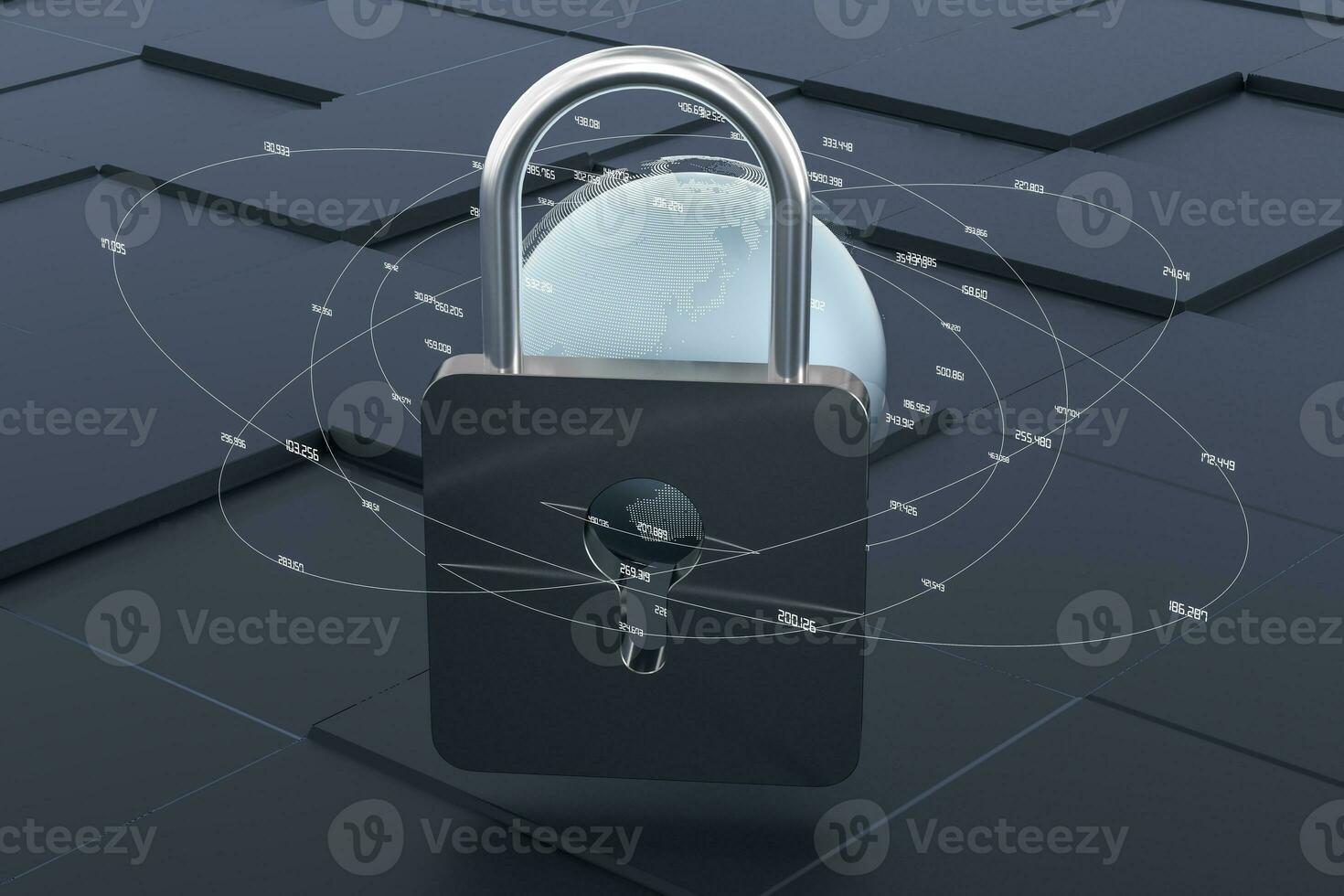 3d rendering, metal lock with digital concept background photo