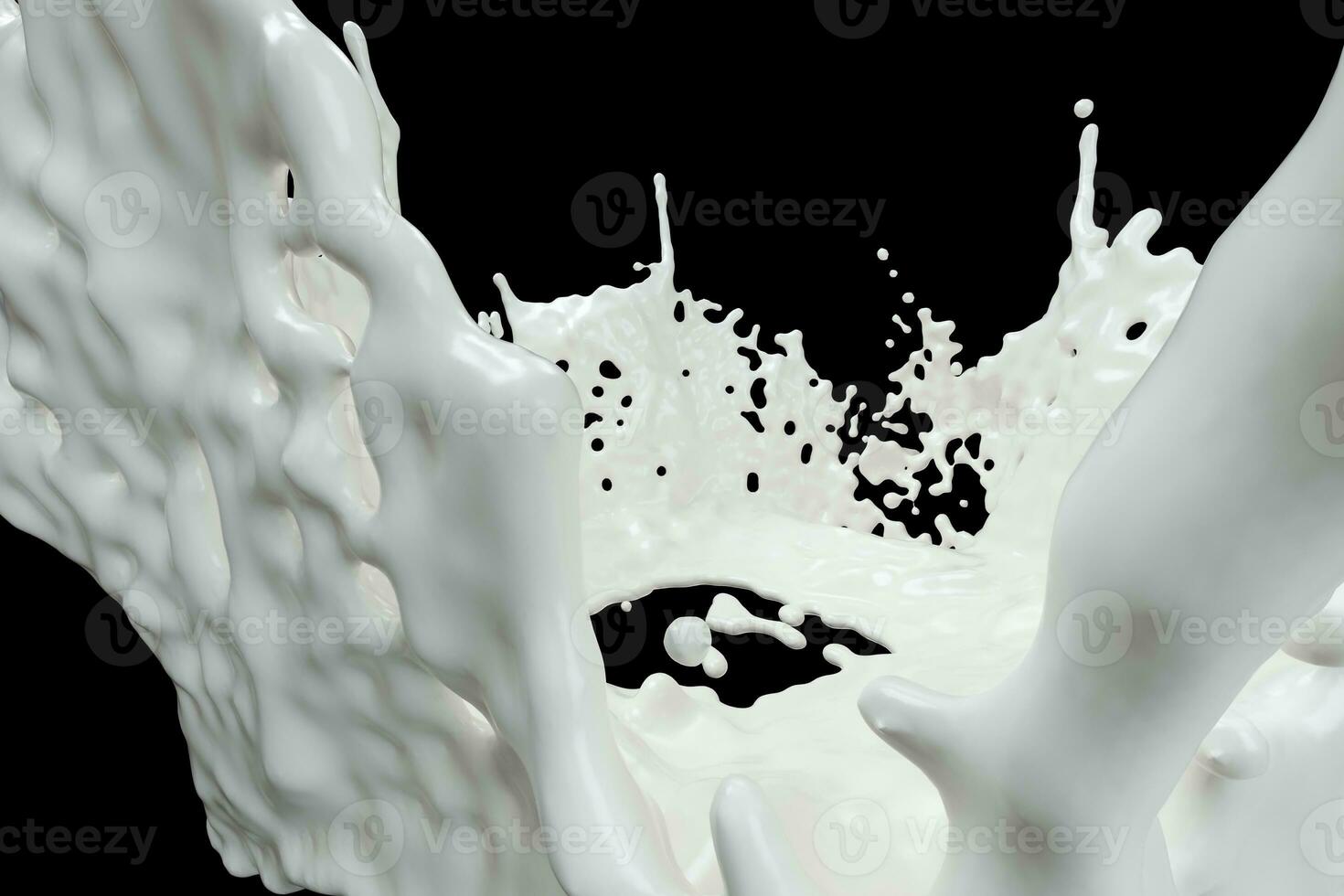 pureza salpicaduras Leche con negro fondo, 3d representación. foto