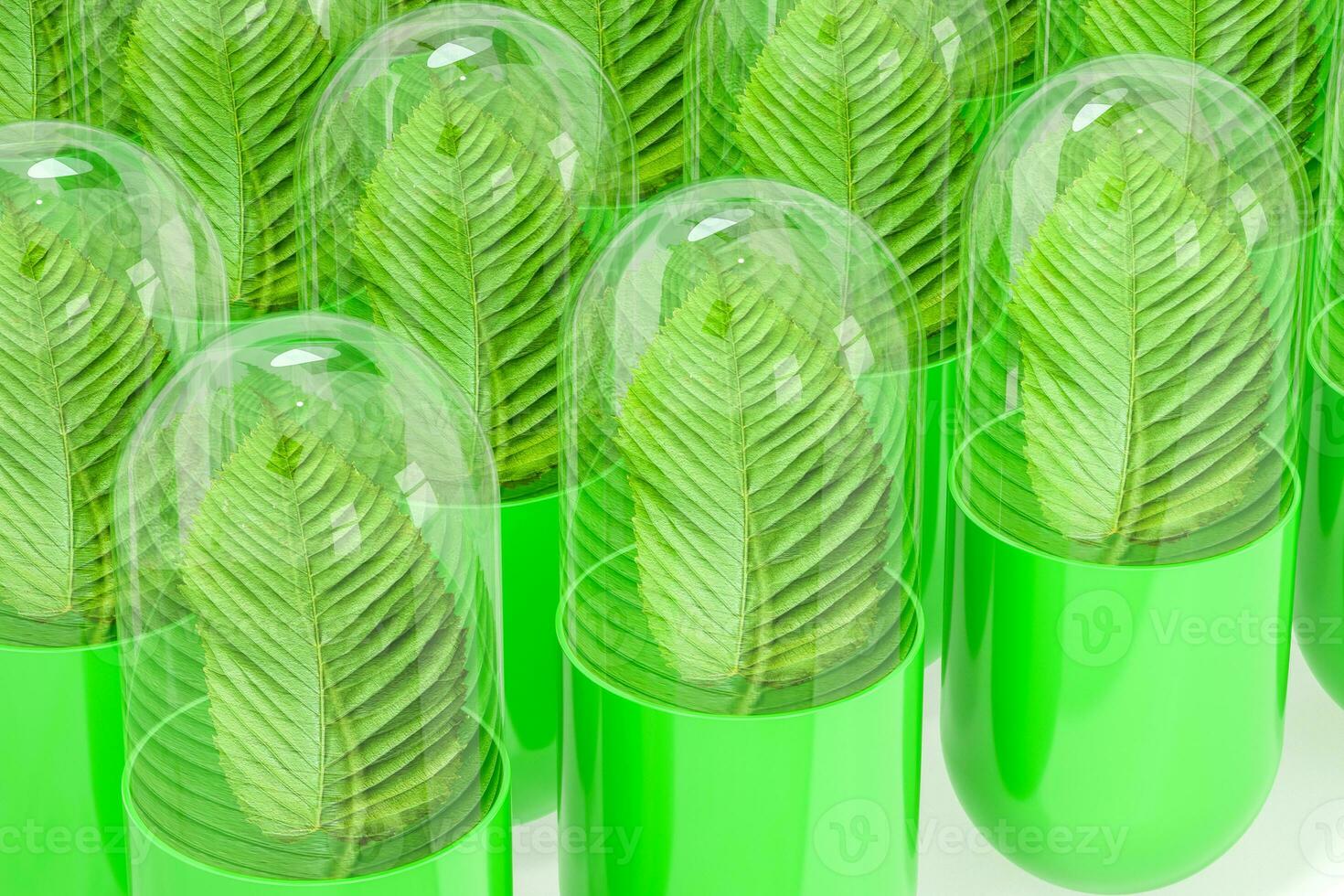 3d rendering, green capsule with leaf in it photo