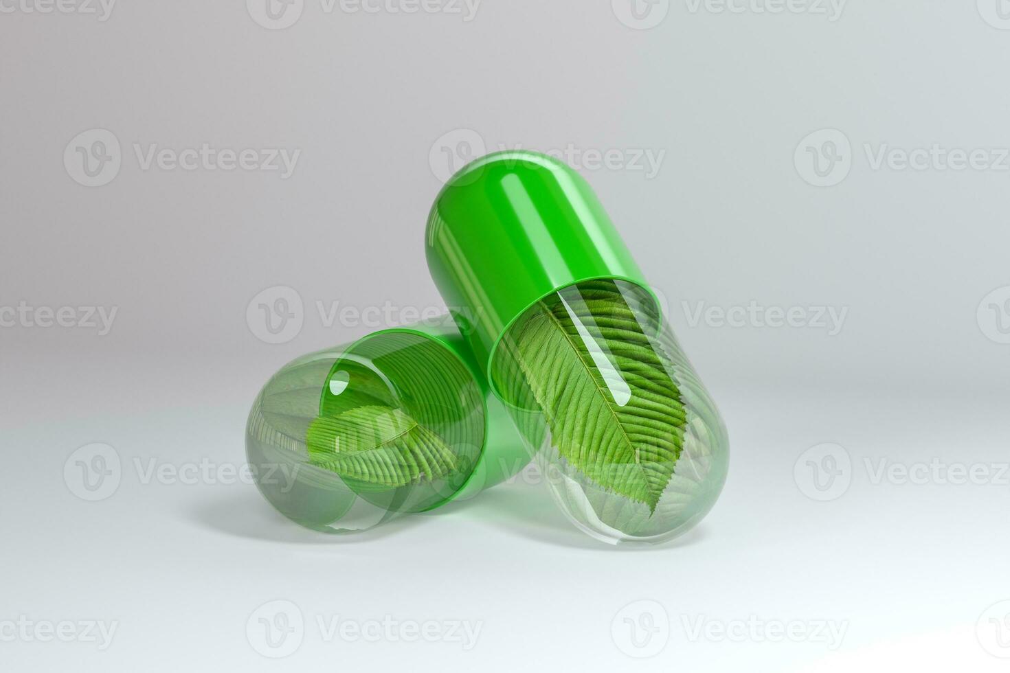 3d rendering, green capsule with leaf in it photo