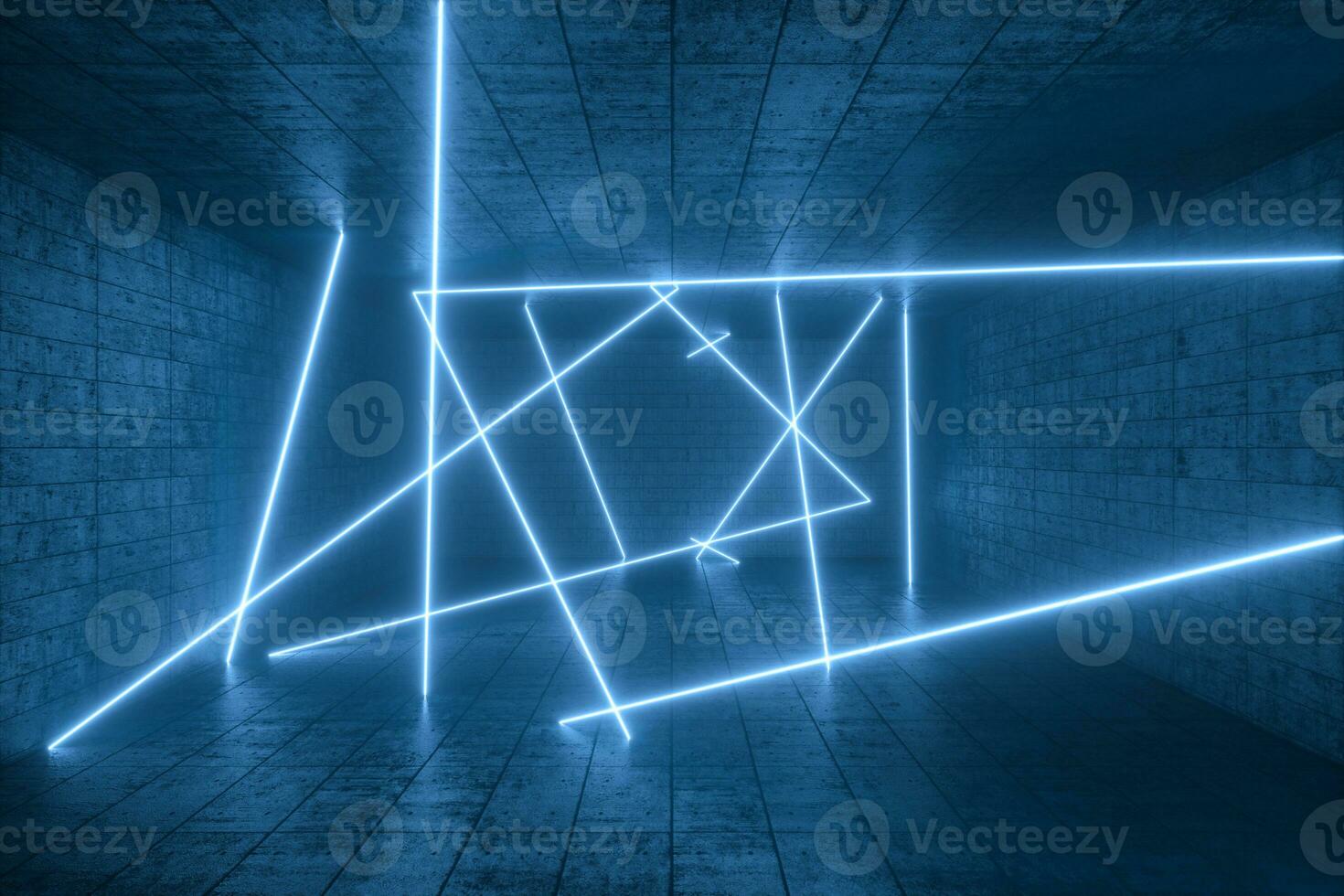 3d rendering, glowing magic lines in anbanoned room, dark background photo