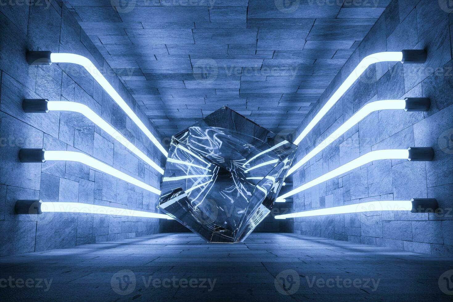 3d rendering, glowing magic lines in anbanoned room, dark background photo