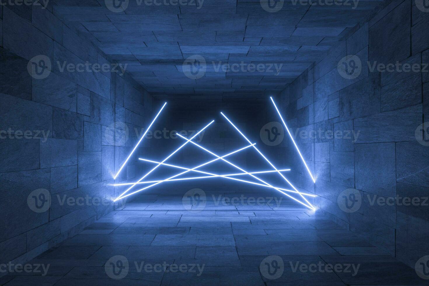 3d rendering, glowing magic lines in anbanoned room, dark background photo