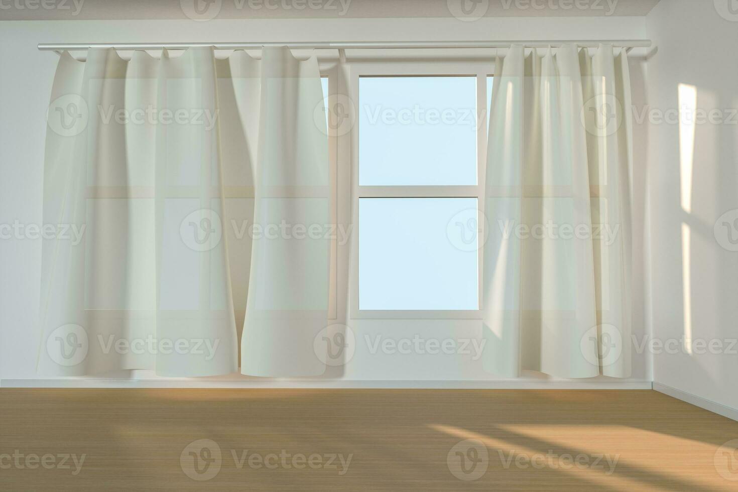 An empty room with sunshine come through the curtain, 3d rendering. photo