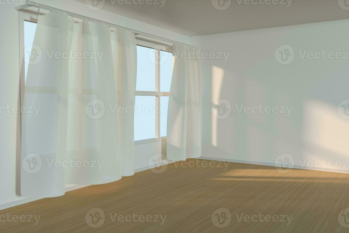 An empty room with sunshine come through the curtain, 3d rendering. photo