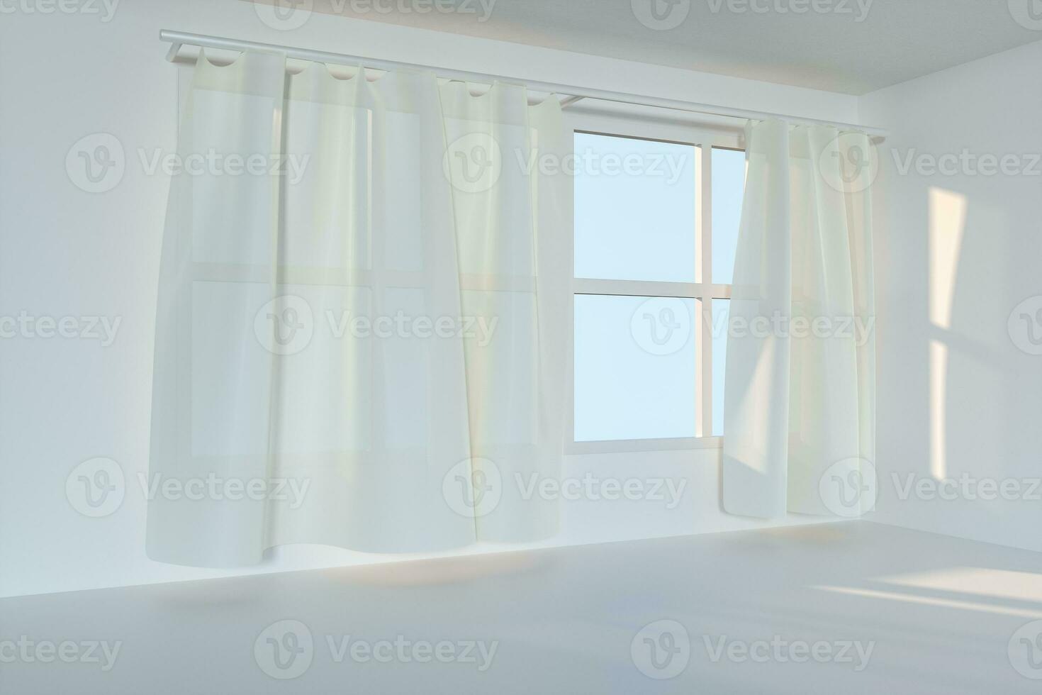 An empty room with sunshine come through the curtain, 3d rendering. photo