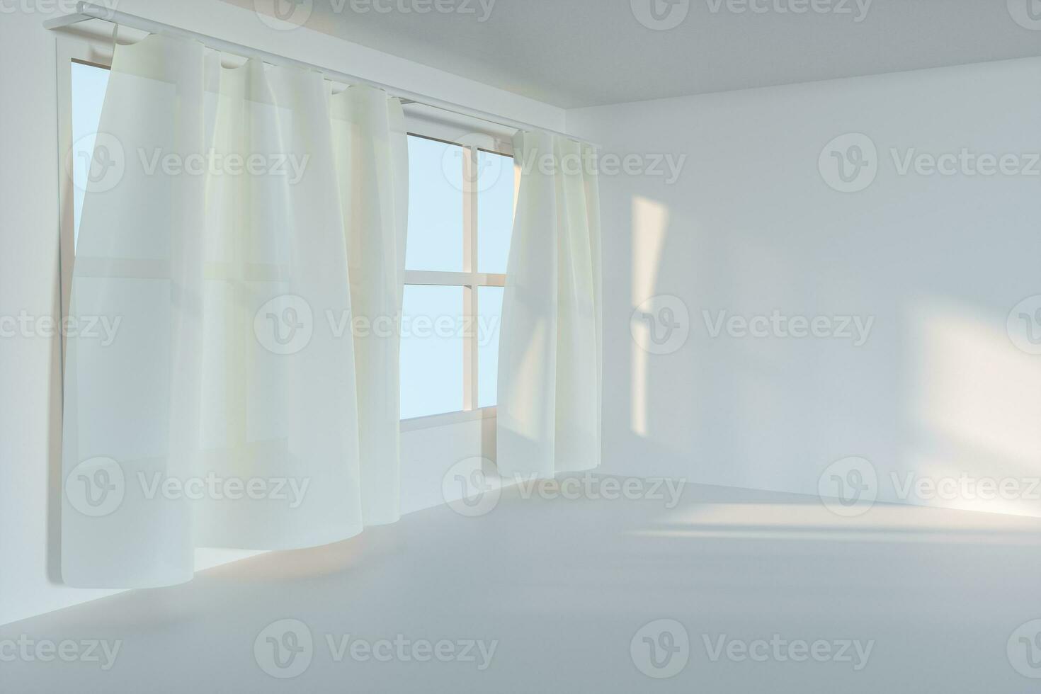 An empty room with sunshine come through the curtain, 3d rendering. photo