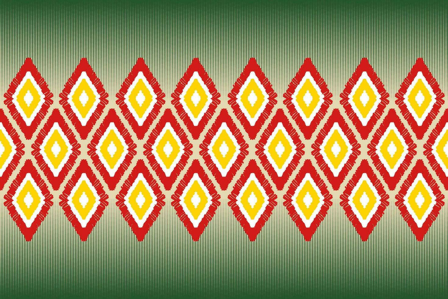 Ikat flower embroidery on green background. Traditional seamless geometric pattern. Aztec style abstract vector illustration.