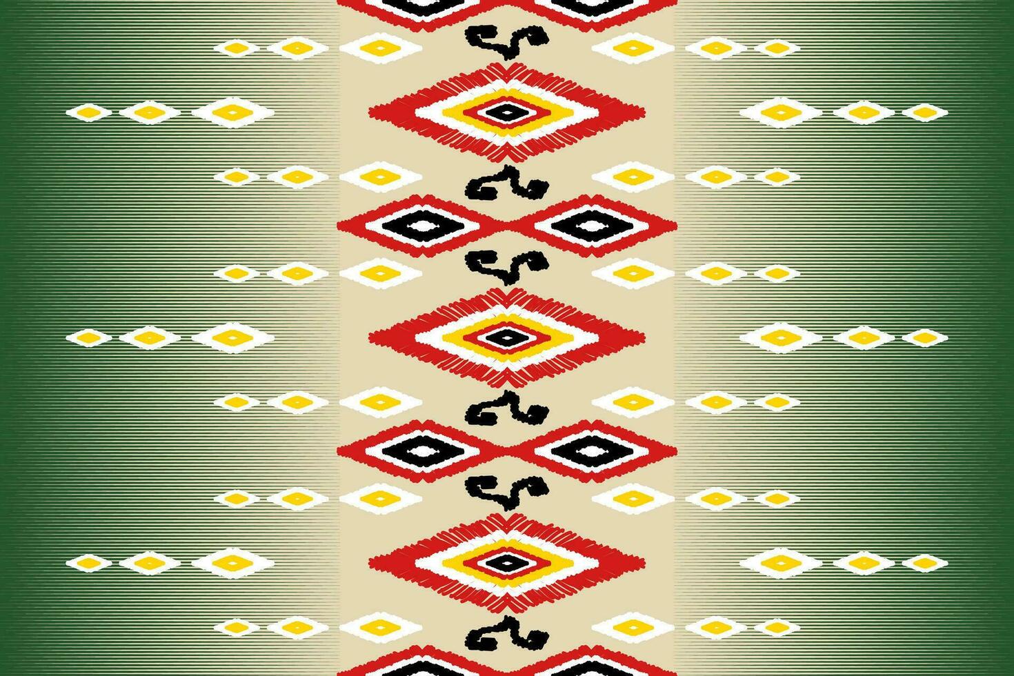 Ikat flower embroidery on green background. Traditional seamless geometric pattern. Aztec style abstract vector illustration.