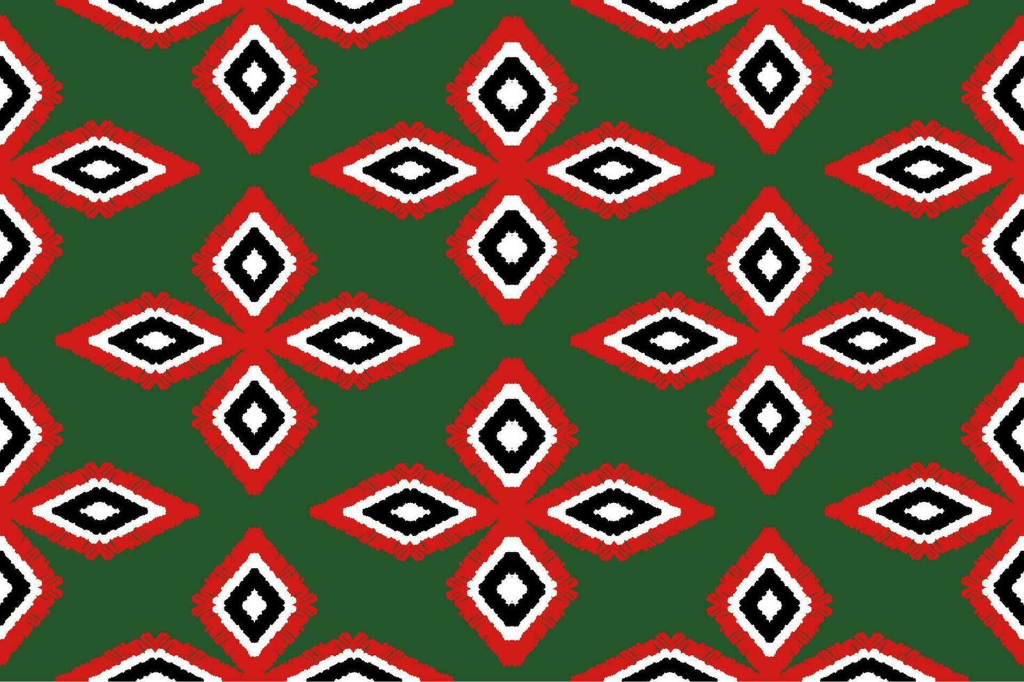 Ikat flower embroidery on green background. Traditional seamless geometric pattern. Aztec style abstract vector illustration.