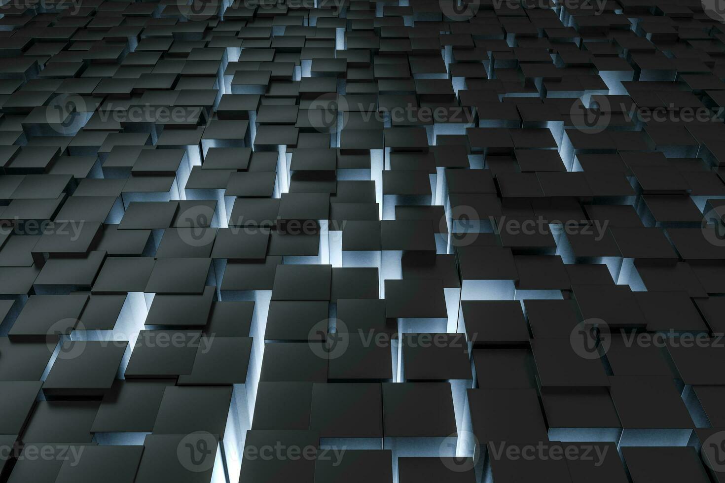 3d rendering, dark background, cube bricks with light effect. Computer digital background. photo