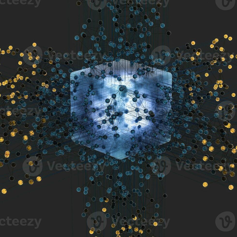 Transparent cube and technical connection, 3d rendering photo
