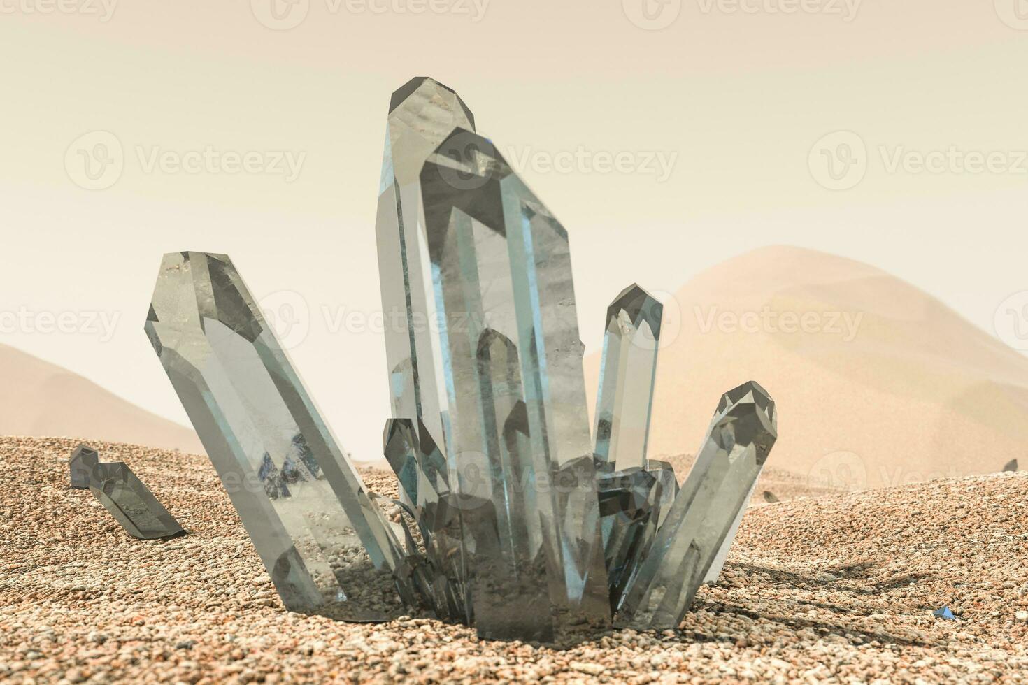 A cluster of magic crystal gather together in the desert, 3d rendering. photo