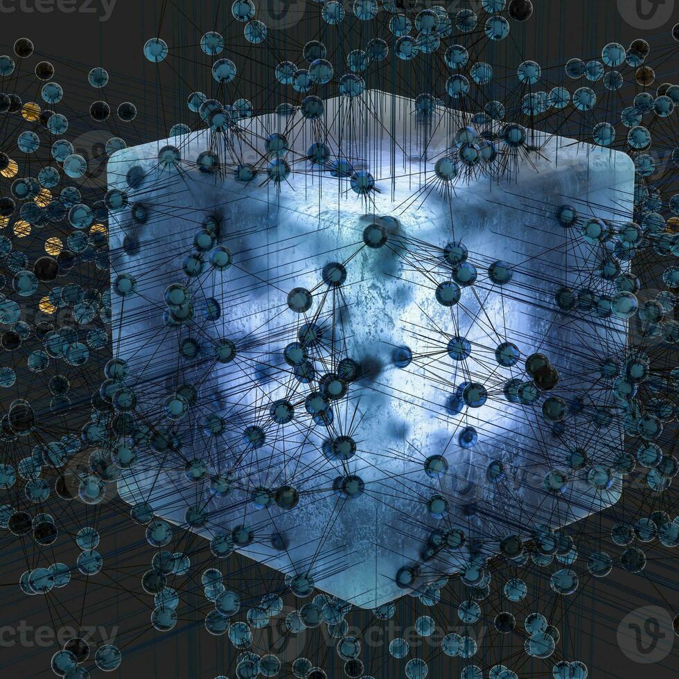 Transparent cube and technical connection, 3d rendering photo
