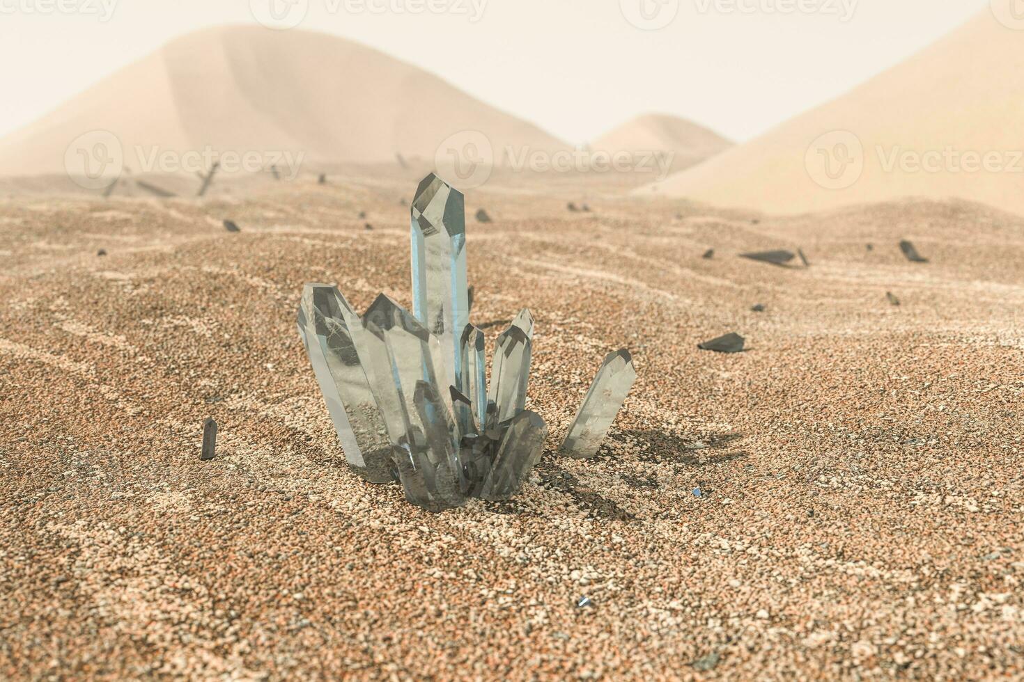 A cluster of magic crystal gather together in the desert, 3d rendering. photo