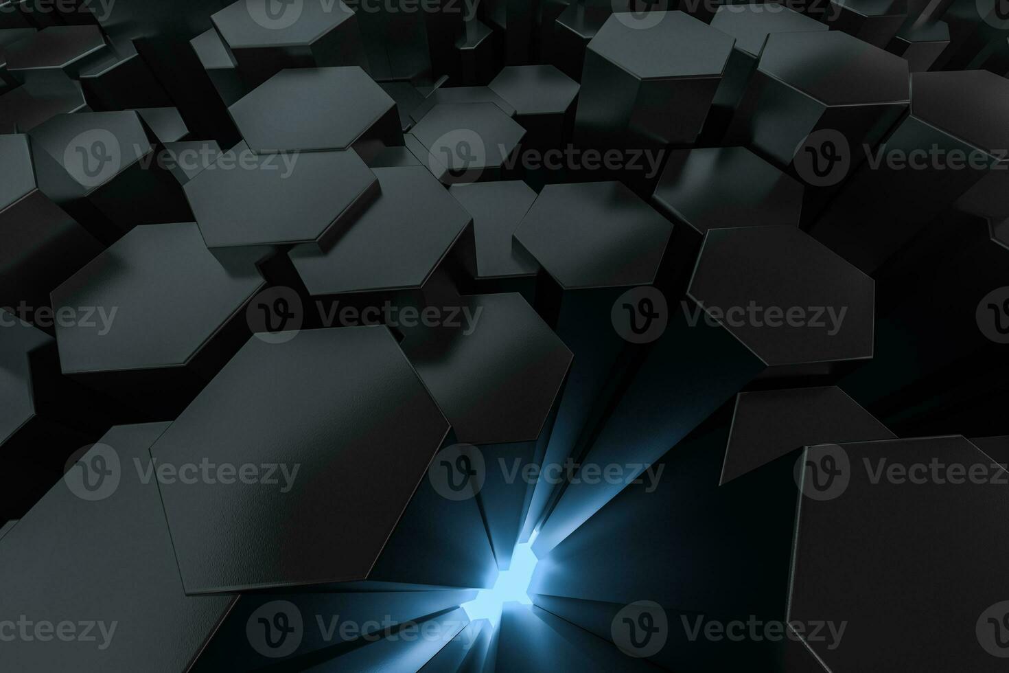 3d rendering, dark background, cube bricks with light effect. Computer digital background. photo
