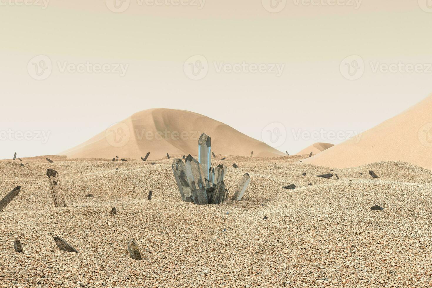 A cluster of magic crystal gather together in the desert, 3d rendering. photo