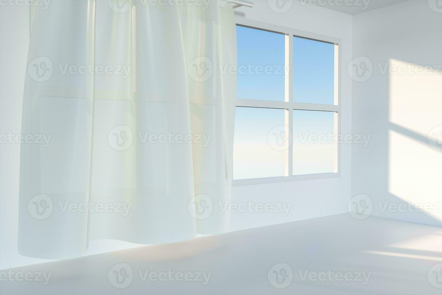 un vacío habitación con Brillo Solar ven mediante el cortina, 3d representación. foto