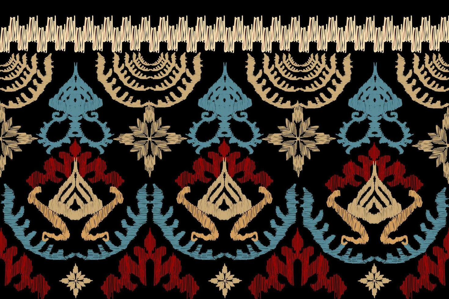 Ikat floral paisley embroidery on black background.geometric ethnic oriental pattern traditional.Aztec style abstract vector illustration.design for