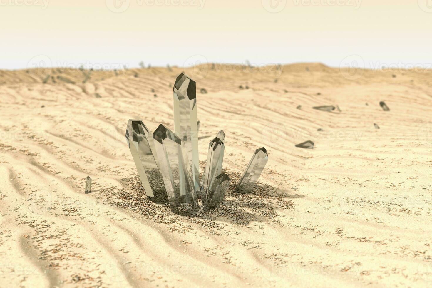 un racimo de magia cristal reunir juntos en el desierto, 3d representación. foto