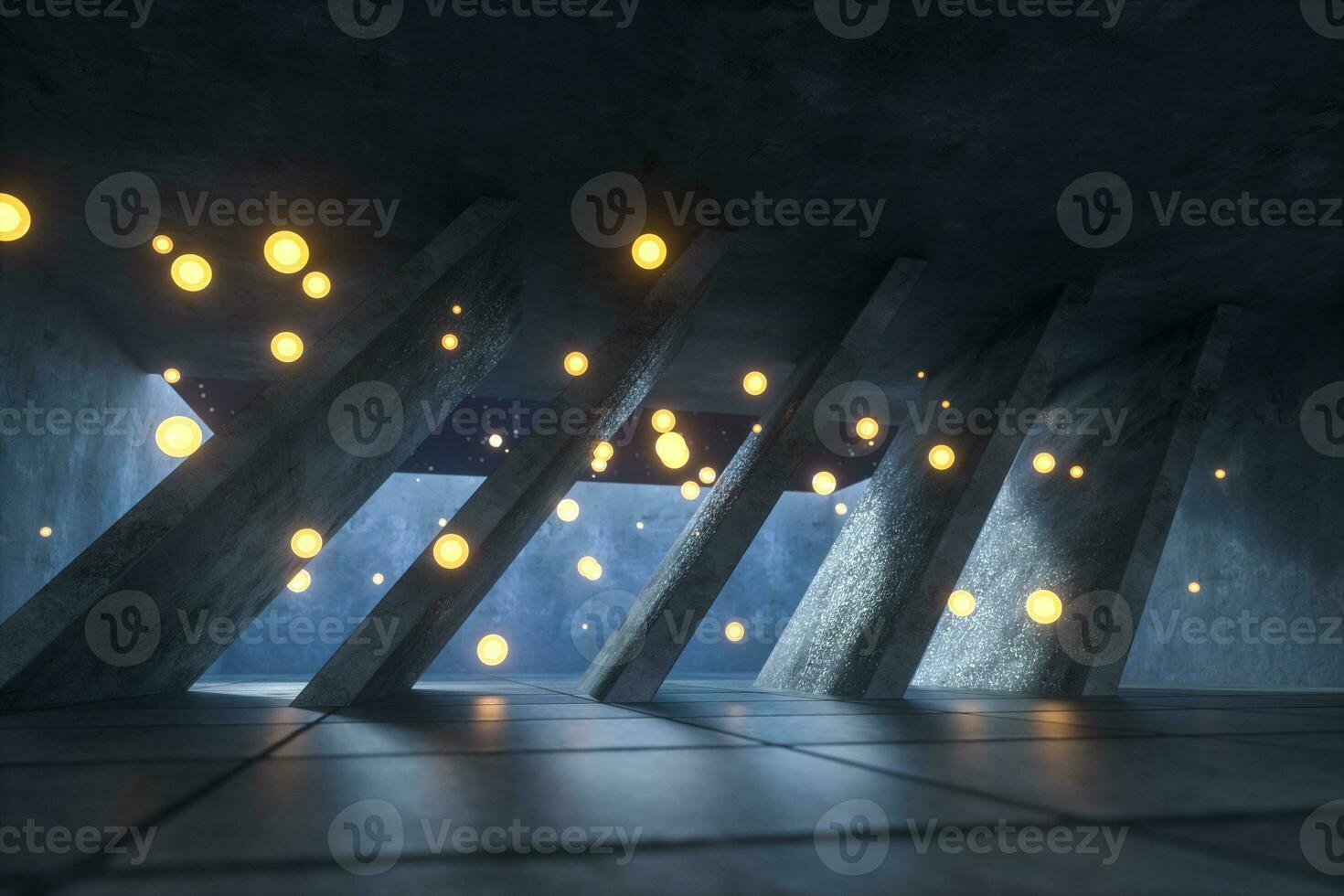 3d rendering, glowing fire fly in abandoned room, dark background photo