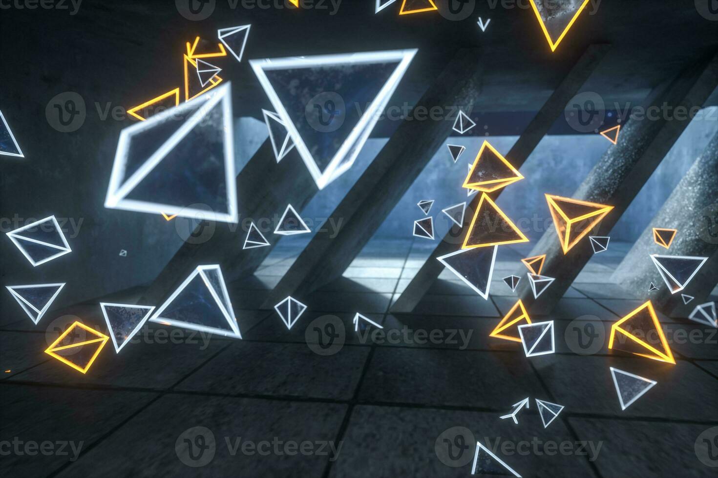 3d rendering, glowing magic triangles in abandoned room, dark background photo