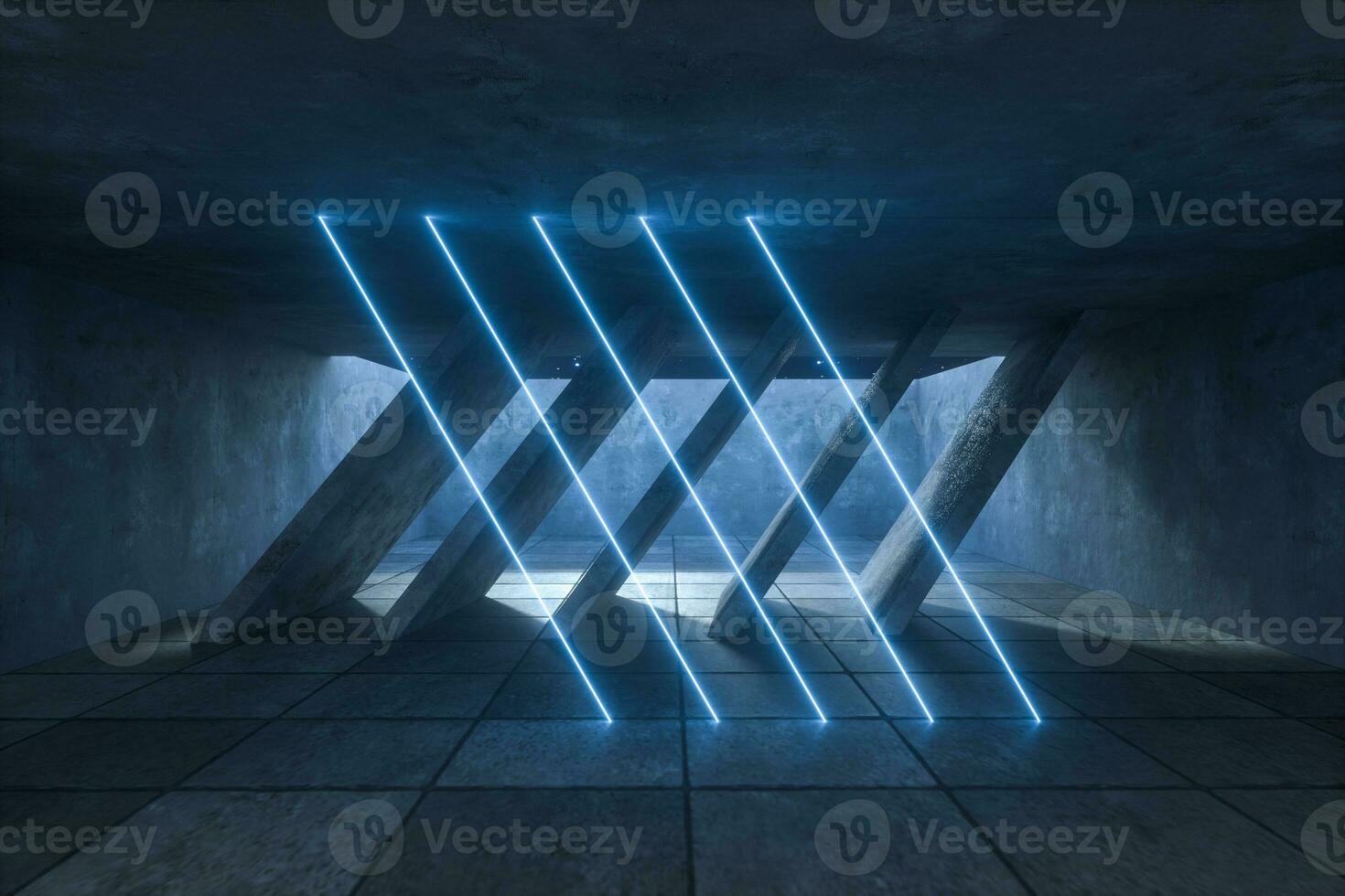 3d rendering, glowing magic lines in abandoned room, dark background photo