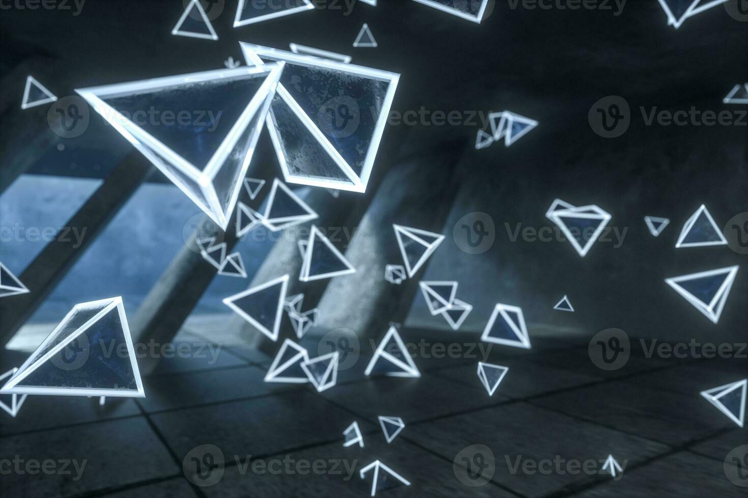3d rendering, glowing magic triangles in abandoned room, dark background photo
