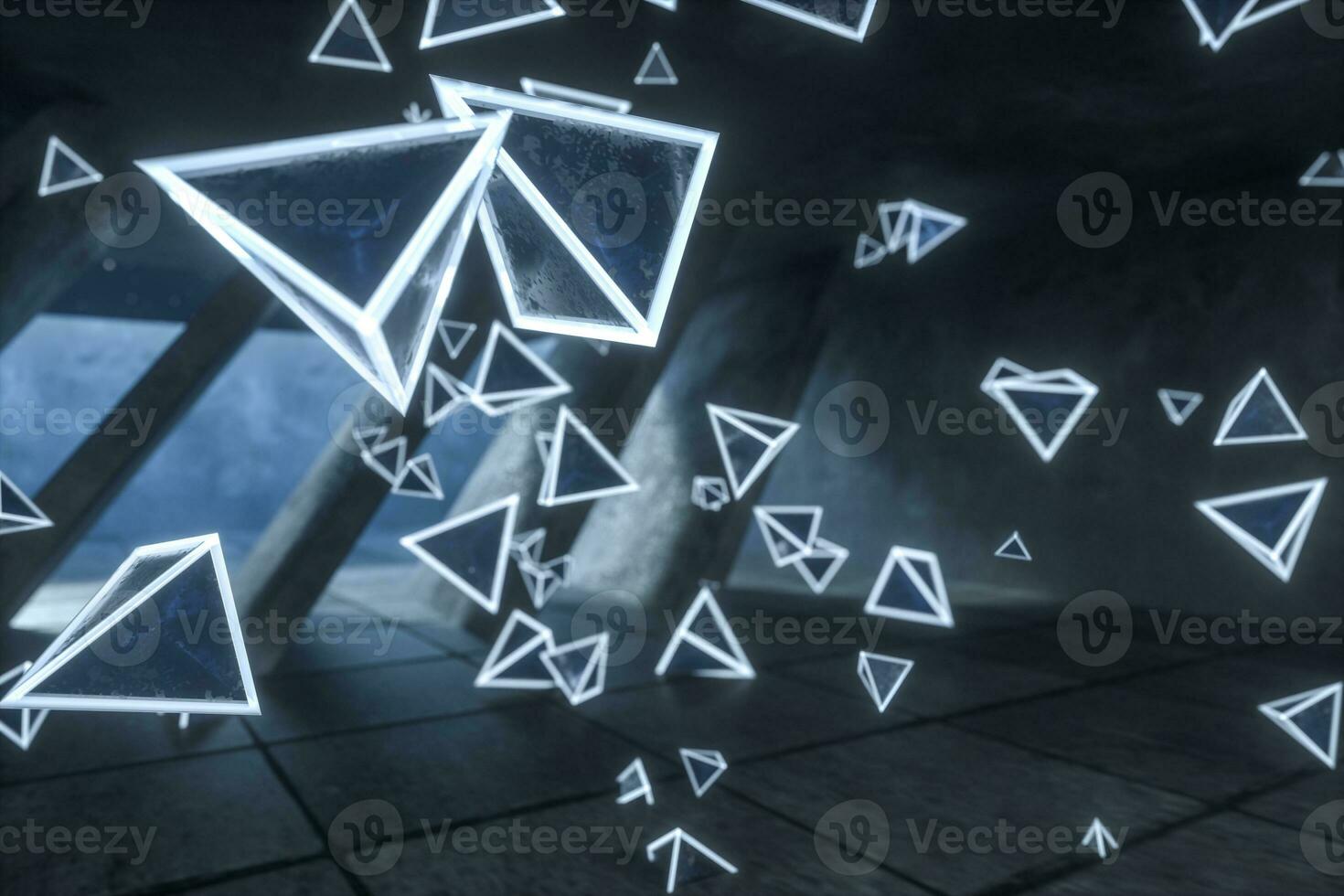 3d representación, brillante magia triangulos en abandonado habitación, oscuro antecedentes foto