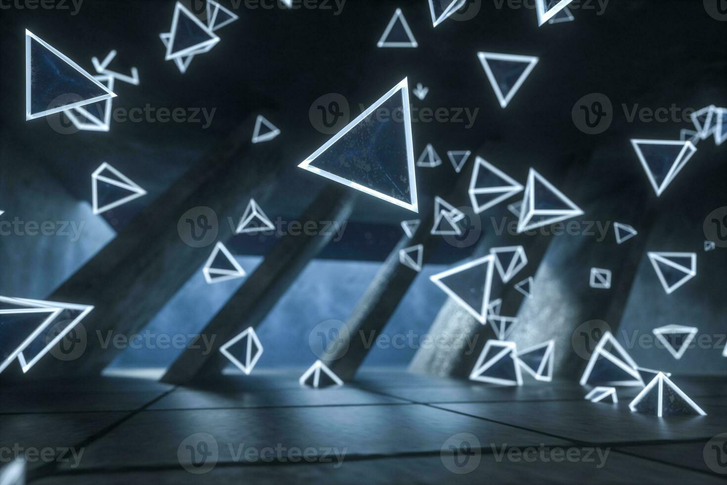 3d rendering, glowing magic triangles in abandoned room, dark background photo
