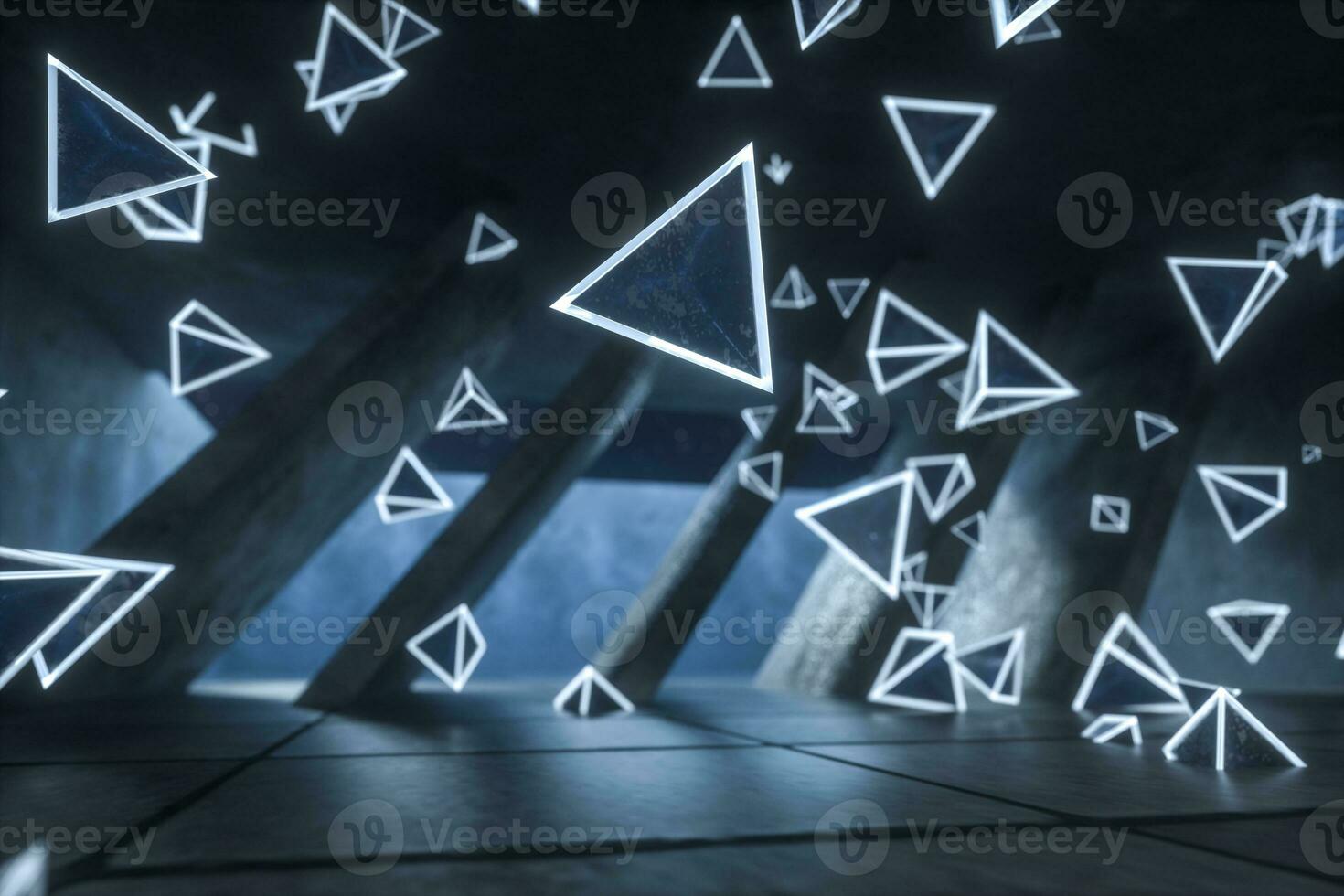 3d representación, brillante magia triangulos en abandonado habitación, oscuro antecedentes foto