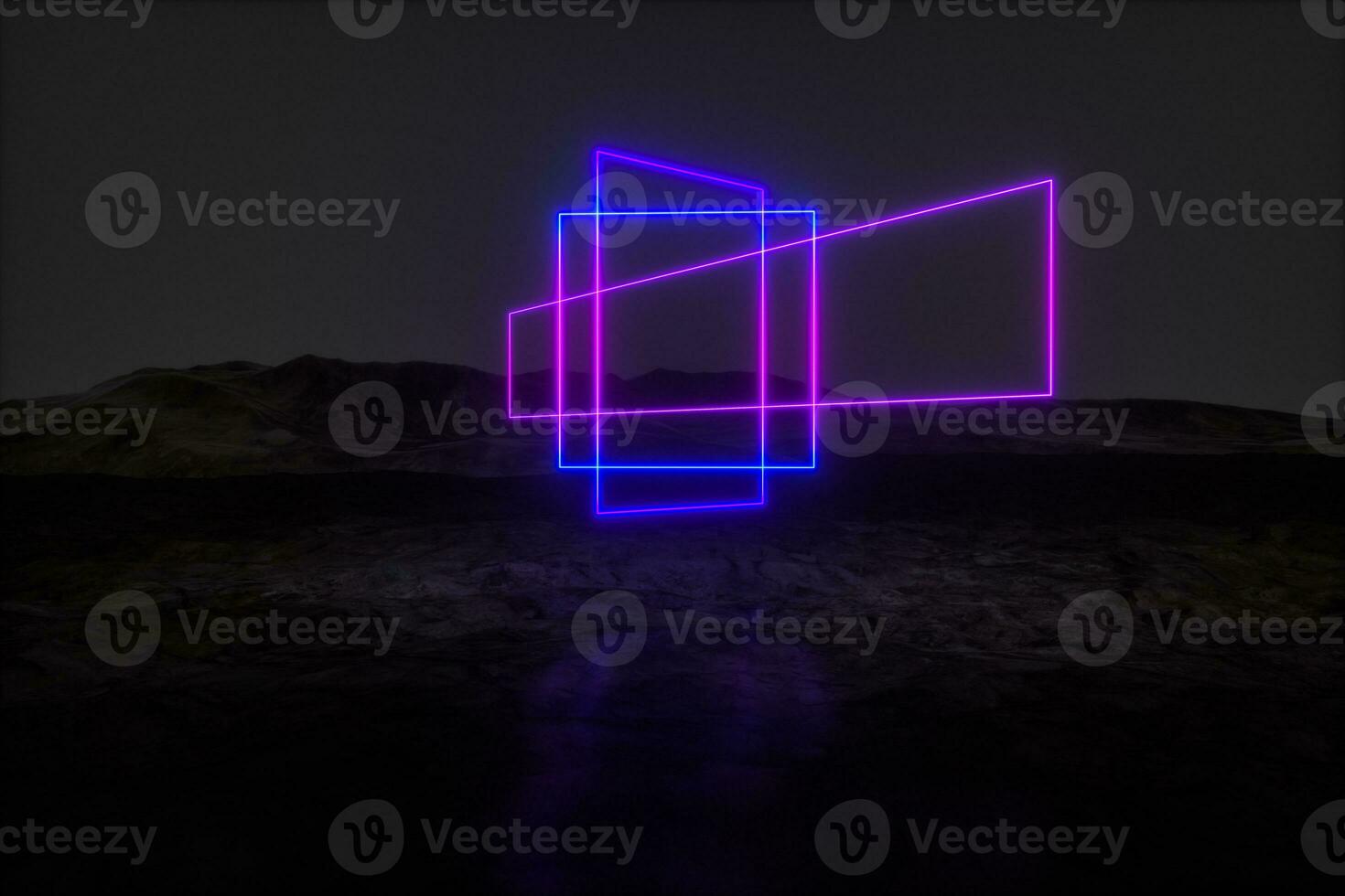 colorful glowing lines with dark mountain background, 3d rendering photo