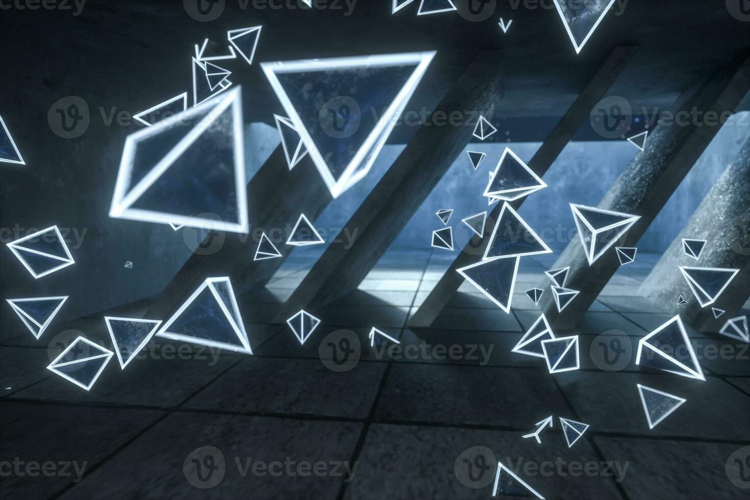 3d representación, brillante magia triangulos en abandonado habitación, oscuro antecedentes foto