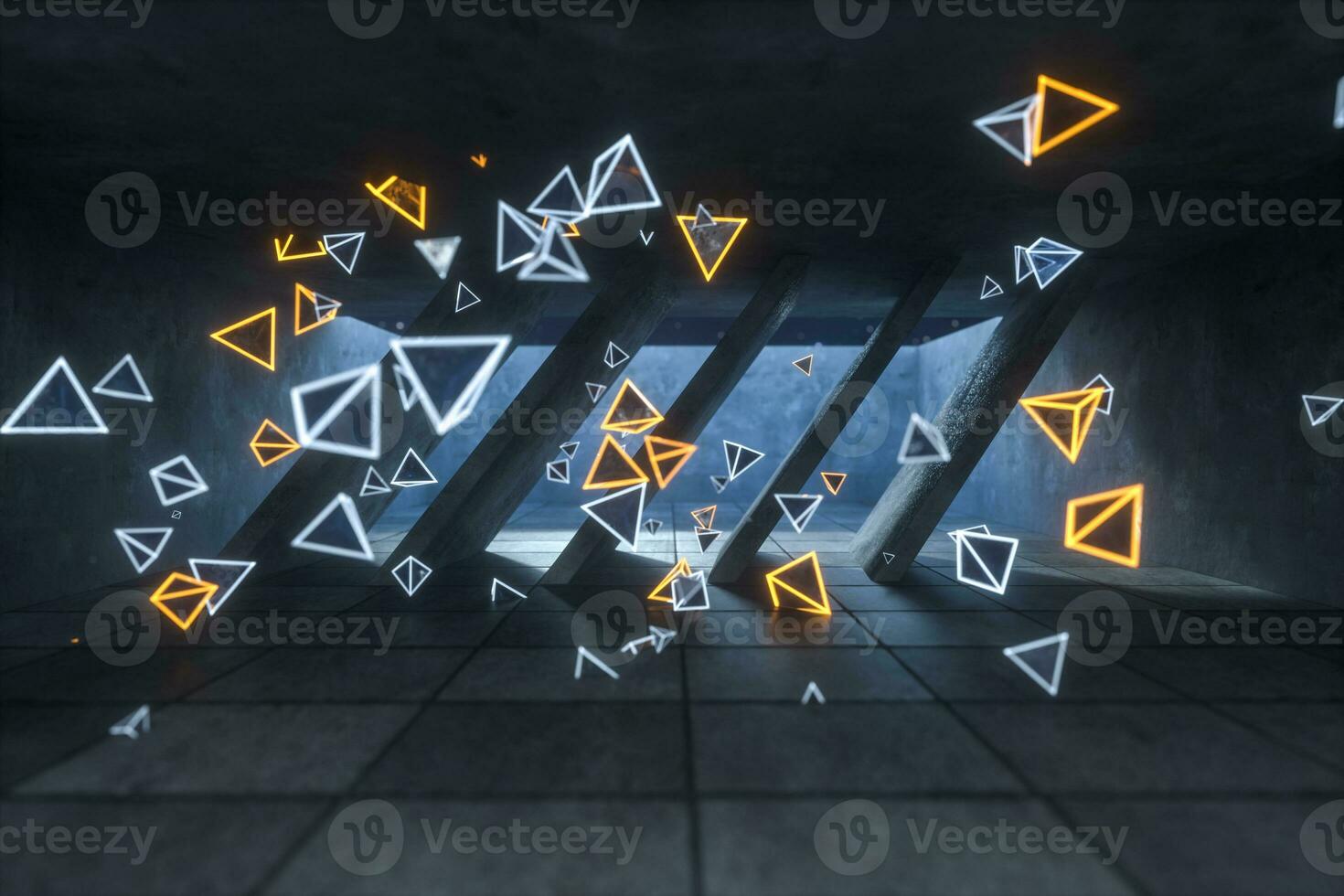 3d rendering, glowing magic triangles in abandoned room, dark background photo