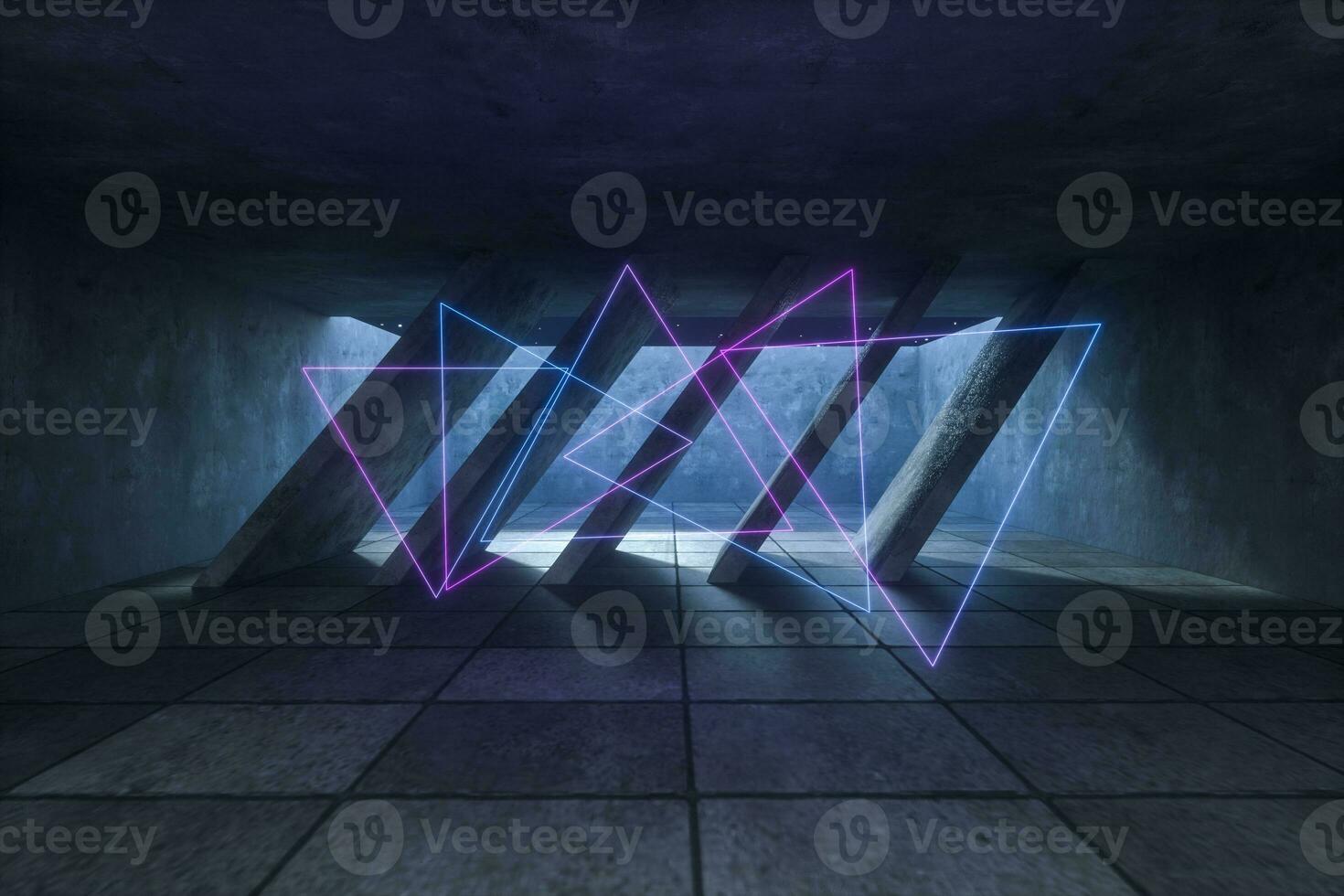 3d rendering, glowing magic lines in abandoned room, dark background photo