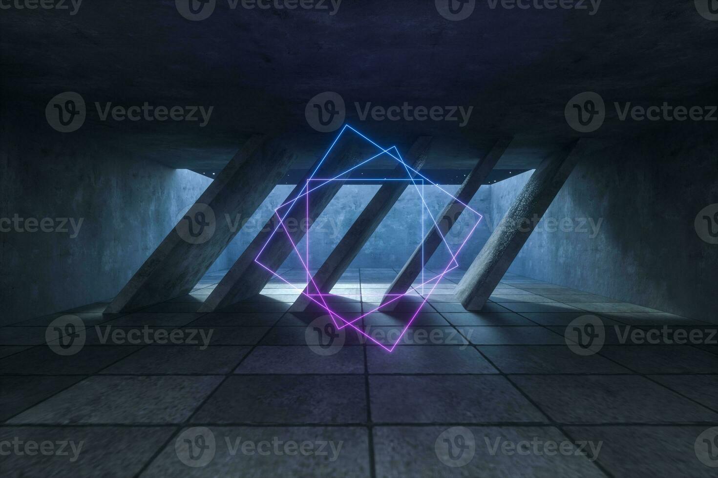 3d rendering, glowing magic lines in abandoned room, dark background photo