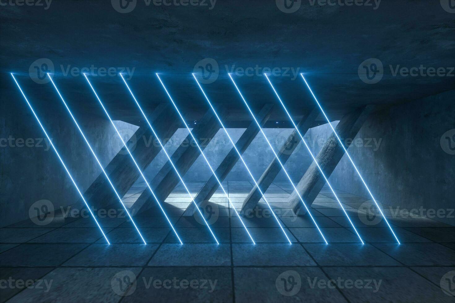 3d rendering, glowing magic lines in abandoned room, dark background photo
